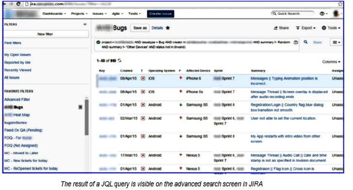 JIRA screen showing result of a JQL query