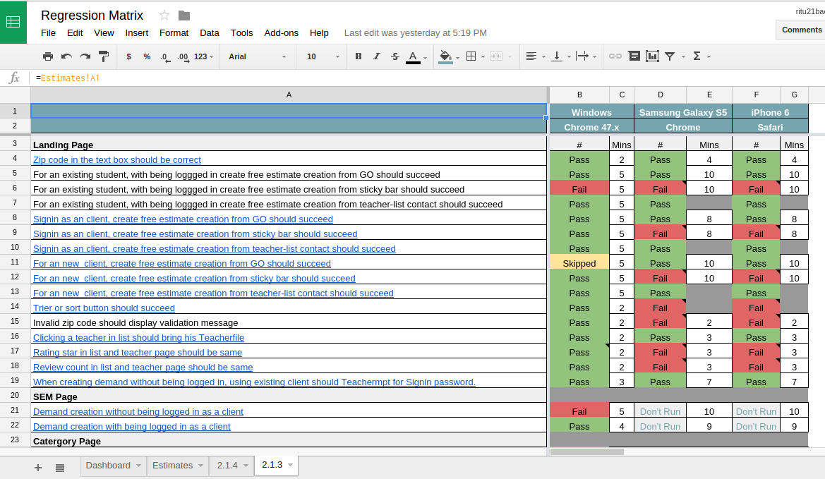 regression testing spreadsheets and templates