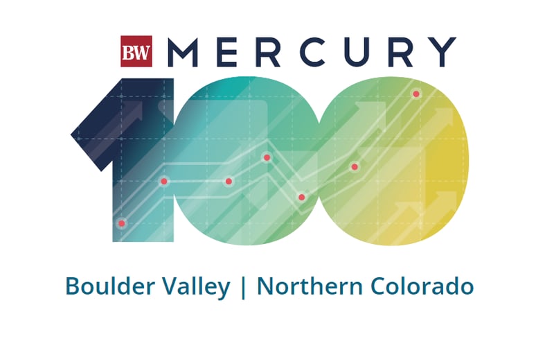 Image shows BizWest Mercury 100 logo of the number 100 colored in shades of blue, green, and yellow